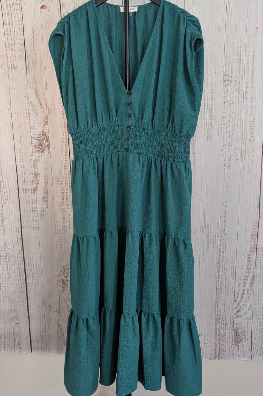 Calvin Klein Dress Womens 14 Dark Forest Green Smocked Waist Tiered Midi Maxi